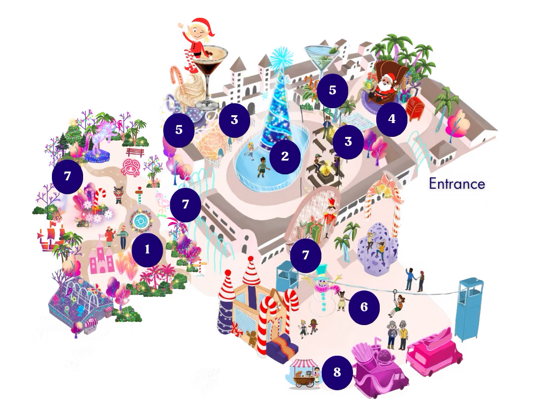 Illustrated map of the Coastal Christmas park with eight numbered stops
